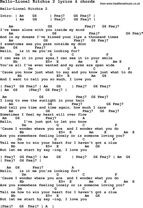 Discover Guides on Key, BPM, and letter notes. . Hello lyrics lionel richie chords
